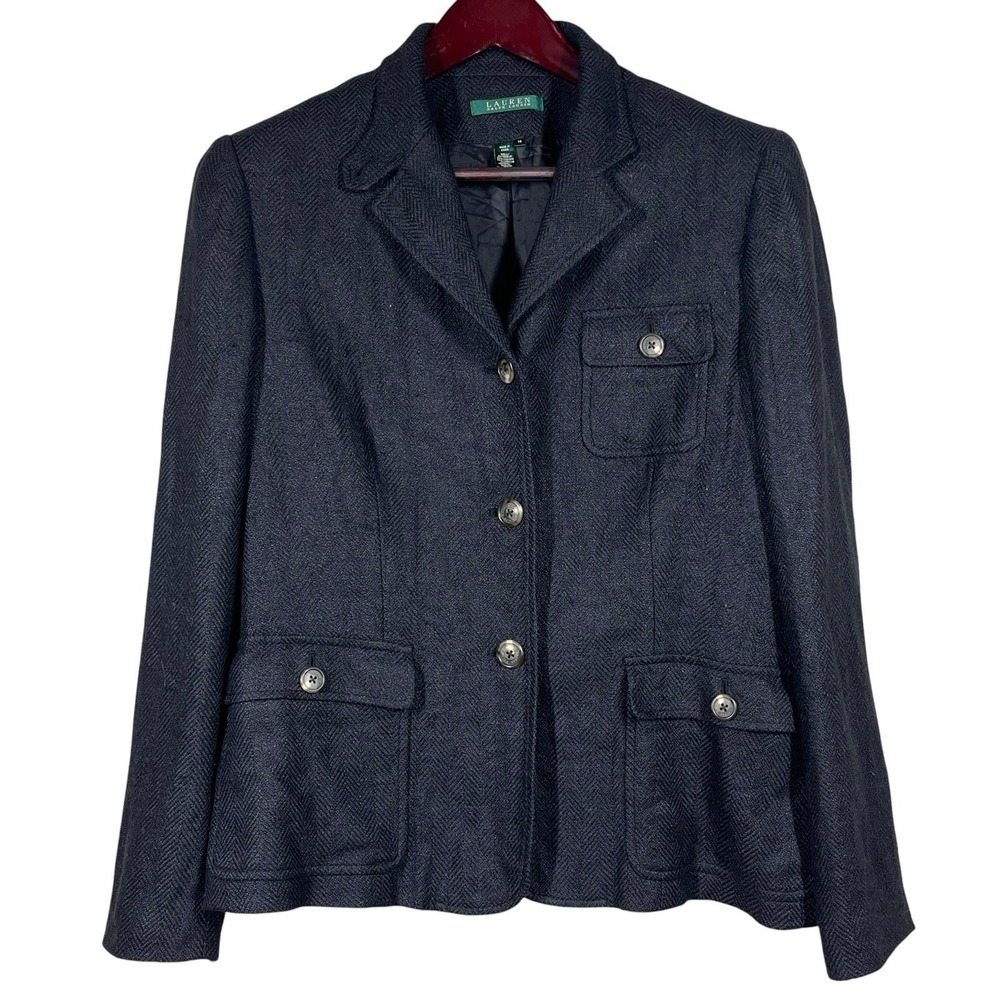 Lauren Ralph Lauren Herringbone Blazer Womens 14 Silk Linen Blend Tweed Jacket